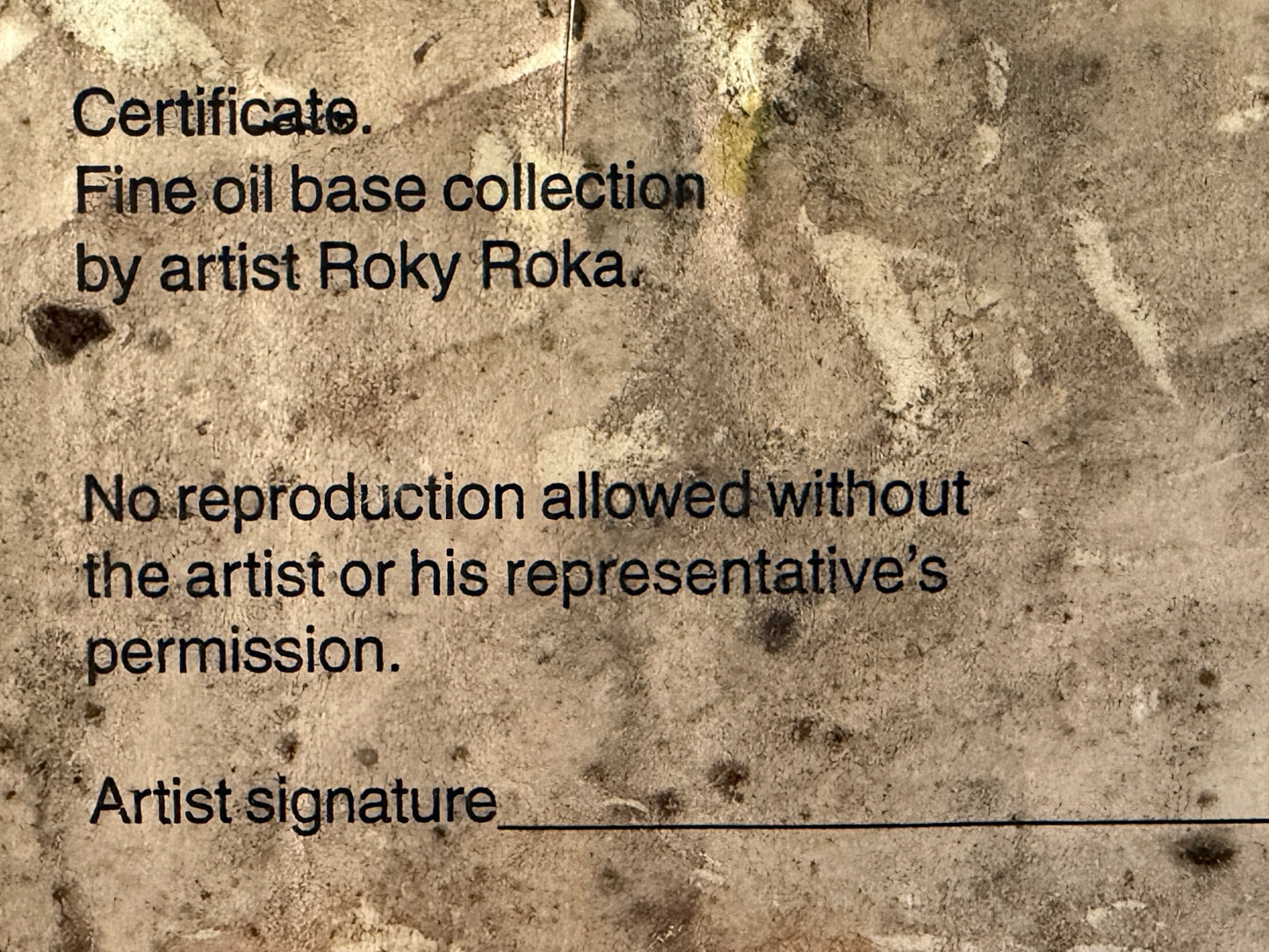Text on a textured background indicating a fine oil base collection by artist Roky Roka with copyright notice.