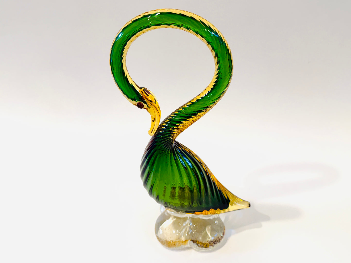 Pair of Mid Century Murano Geese Green and Gold Spiral Glass Sculptures
