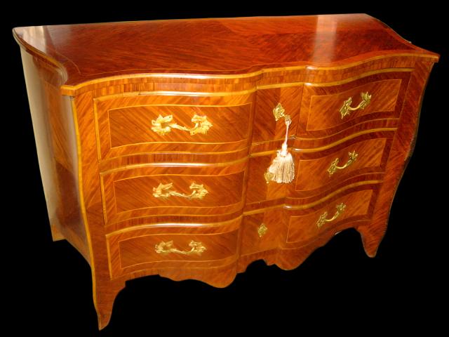 French Serpentine Mid Century Walnut Commode Bronze Pulls