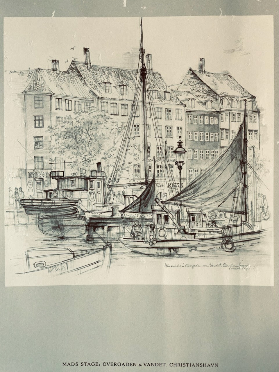 Sketch of a harbor scene with buildings and boats, featuring the artist's signature 'Mads Stage'.