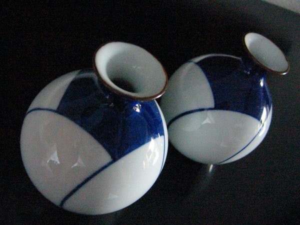 Art Deco Asian Geometric Design Porcelain Signature Blue White Vases