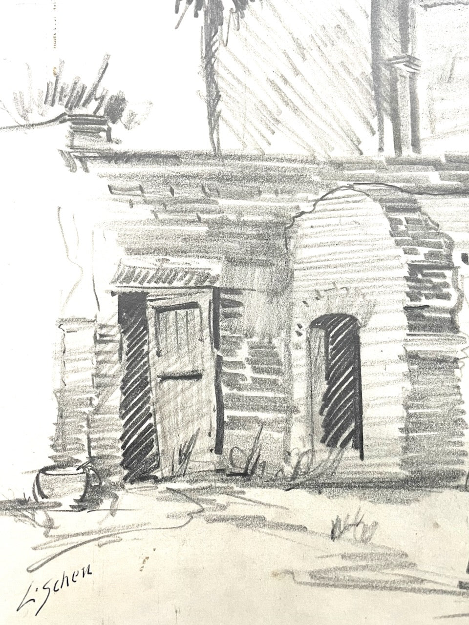 Leonard Scheu Impressionist Architectural and Figure Signed Pencil Drawing