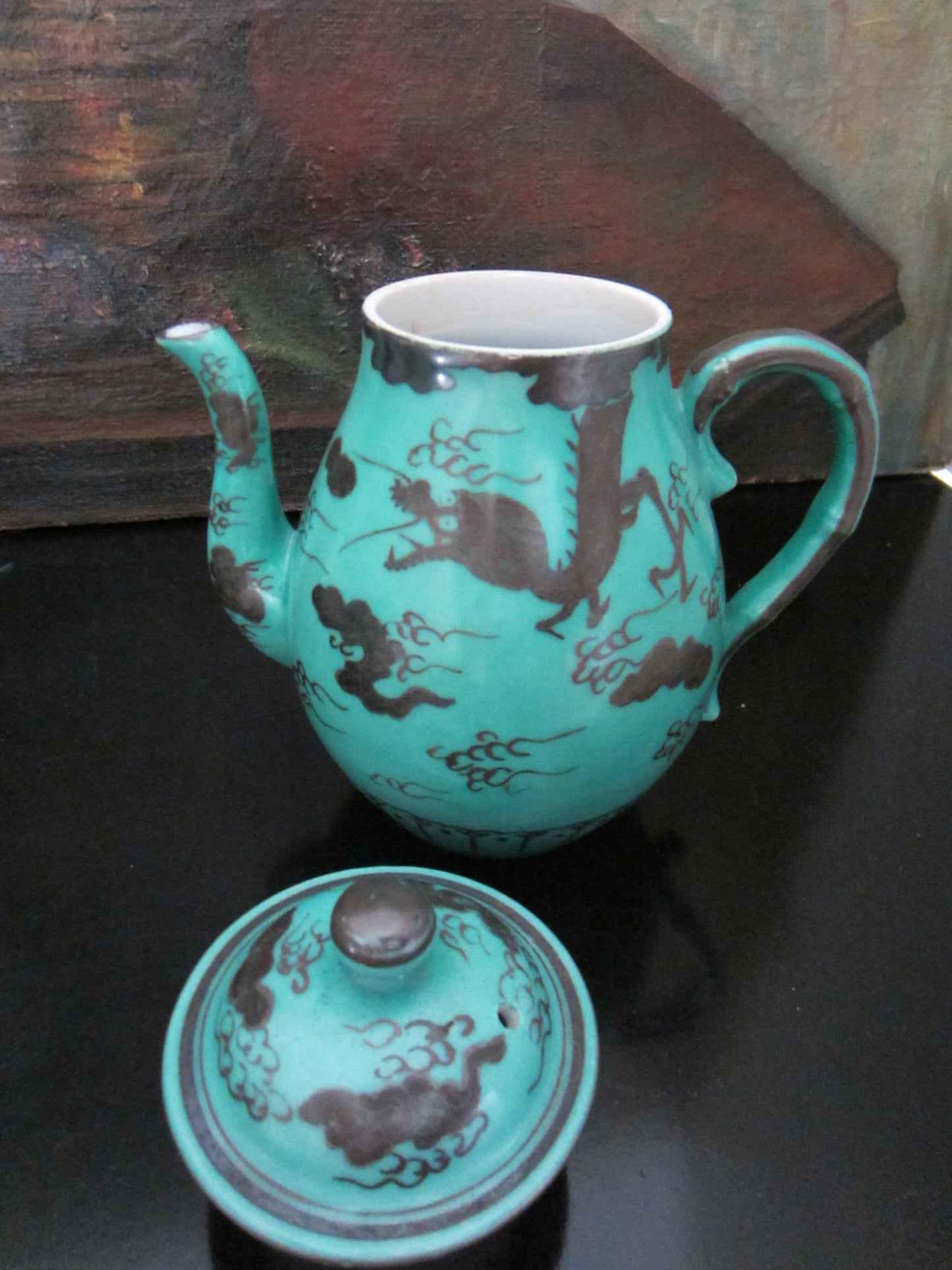 Antique Japanese Kanji Silver Dragonware Turquoise Brief Set Tea Service