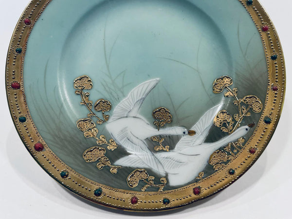 Antique Asian Hand Painted Gold White Geese Beaded Rim Porcelain Plate