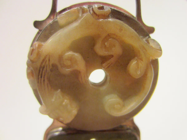 Jade Pendant Asian Carved Dragon Figurative Silver Frame By Gail Goldin - Designer Unique Finds 