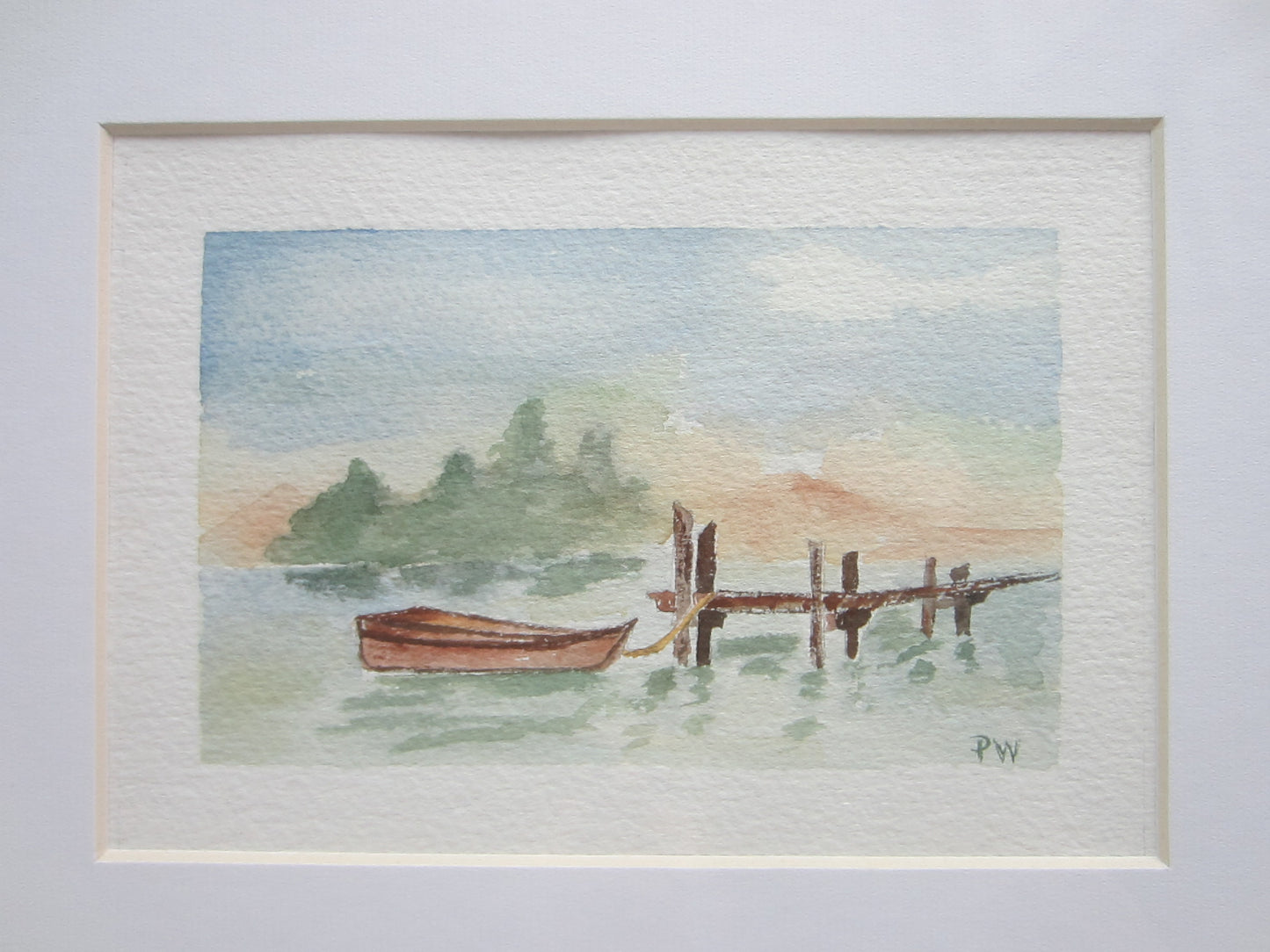 Seascape Watercolor Mountain View Boat Harbor Signed PW
