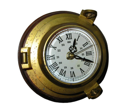 Porthole Nautical Brass Quartz Maritime Ship Clock Mahogany Mount Beveled Glass - Designer Unique Finds 
 - 1