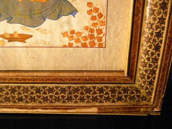 Persian Safavid Miniature Signed Manuscript Hand Painted Art Khatam Frame - Designer Unique Finds 