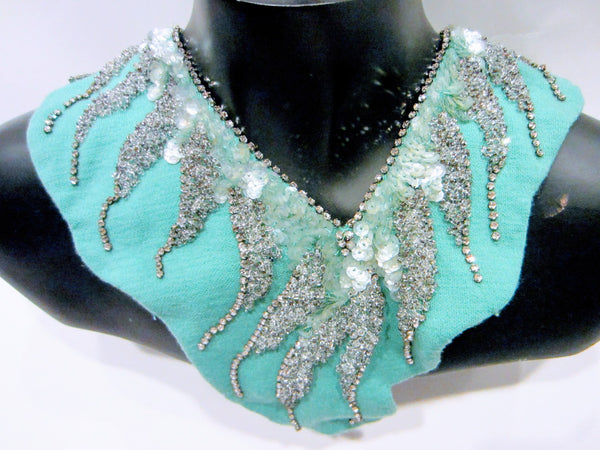 A Powder Blue Fabric Bib Collar Necklace Sequined Sparkle Rhinestones