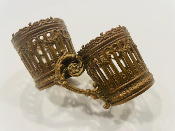 Antique Miniature Bronze Filigree Pair Cup Holders Made in France