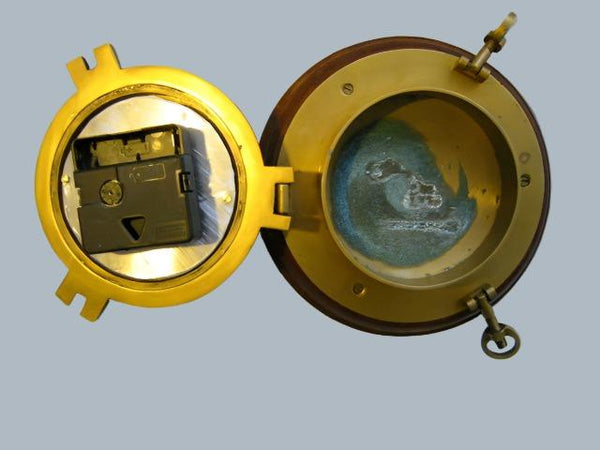 Porthole Nautical Brass Quartz Maritime Ship Clock Mahogany Mount Beveled Glass - Designer Unique Finds 
 - 7