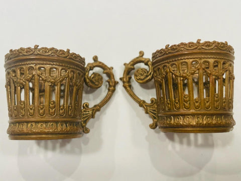 Antique Miniature Bronze Filigree Pair Cup Holders Made in France