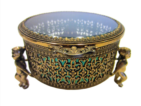 Brass Filigree Round Jewelry Box Beveled Glass Lid Footed Putti