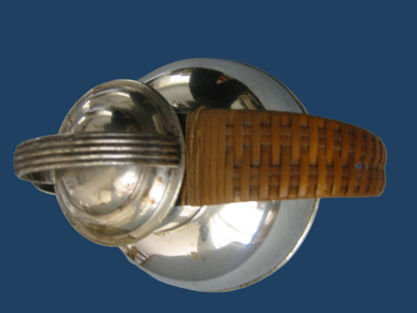 Art Deco Silver Teapot Wicker Handle Etched Hallmarks