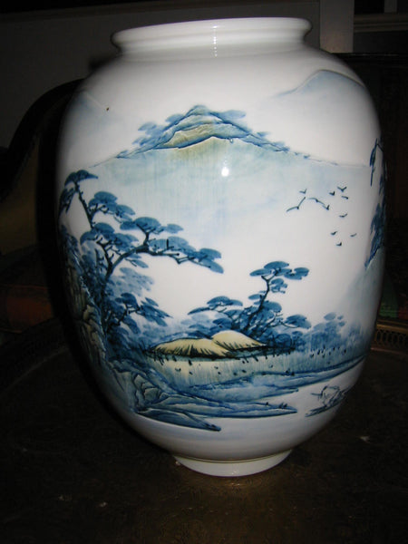 Baluster Scenic Porcelain Vase Japan Mountain Waterfalls Majolica Yellow Accent - Designer Unique Finds 
 - 3