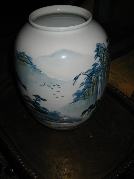 Baluster Scenic Porcelain Vase Japan Mountain Waterfalls Majolica Yellow Accent - Designer Unique Finds 
 - 6