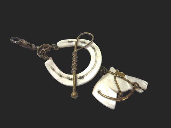 Equestrian Fob Watch Holder Mother Of Pearl Horse Head Pendant Brass Accent - Designer Unique Finds 