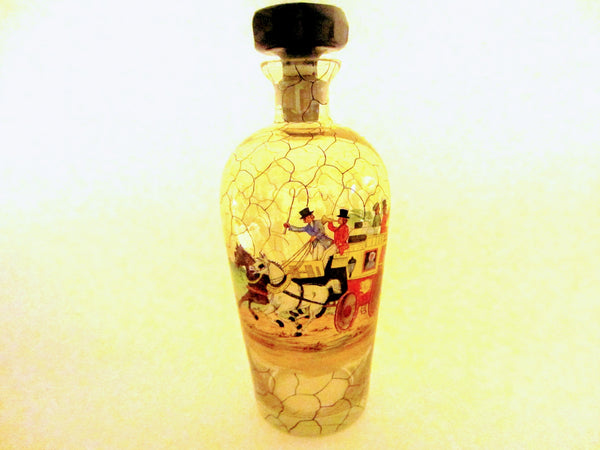 Bohemian Glass Decanter Hand Painted Scripted Equestrian Black Stopper