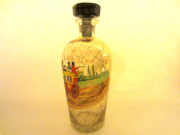 Bohemian Glass Decanter Hand Painted Scripted Equestrian Black Stopper