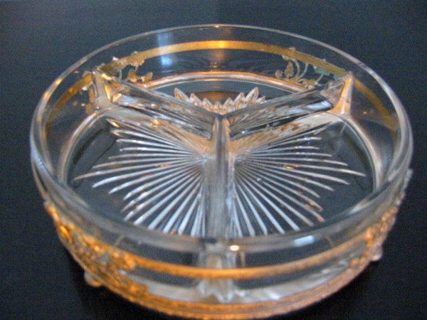 Brass Serving Relish Dish Divided Glass Insert Tray Ormolu Footed Floral Finial - Designer Unique Finds 
 - 5