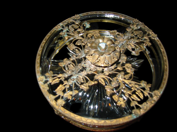 Brass Serving Relish Dish Divided Glass Insert Tray Ormolu Footed Floral Finial - Designer Unique Finds 
 - 1