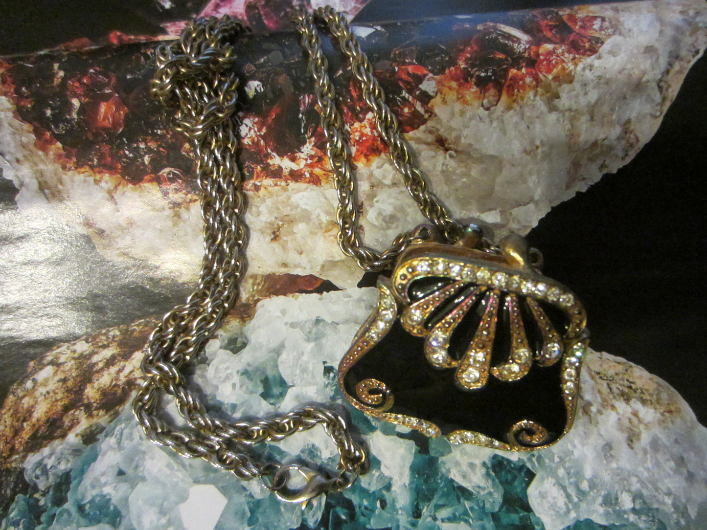 Mid Century Purse Pendant Black Enamel Golden Weave Chain