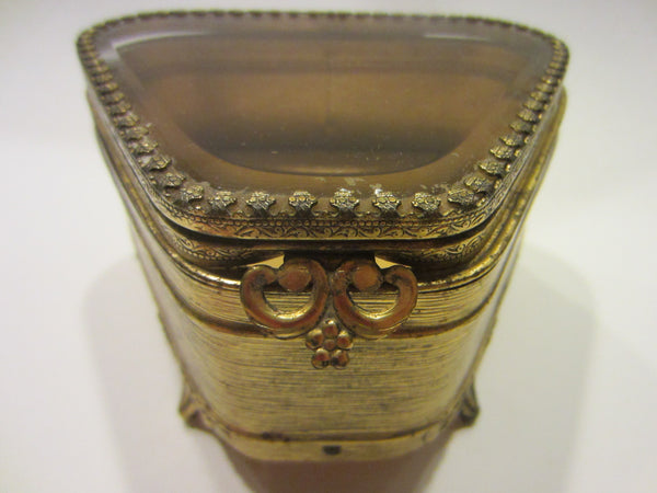 Art Deco Jewelry Box Ormolu Footed Beveled Glass Floral Flap