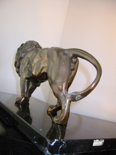 Bronze Lion Sculpture Black Marble Stand - Designer Unique Finds 
 - 2