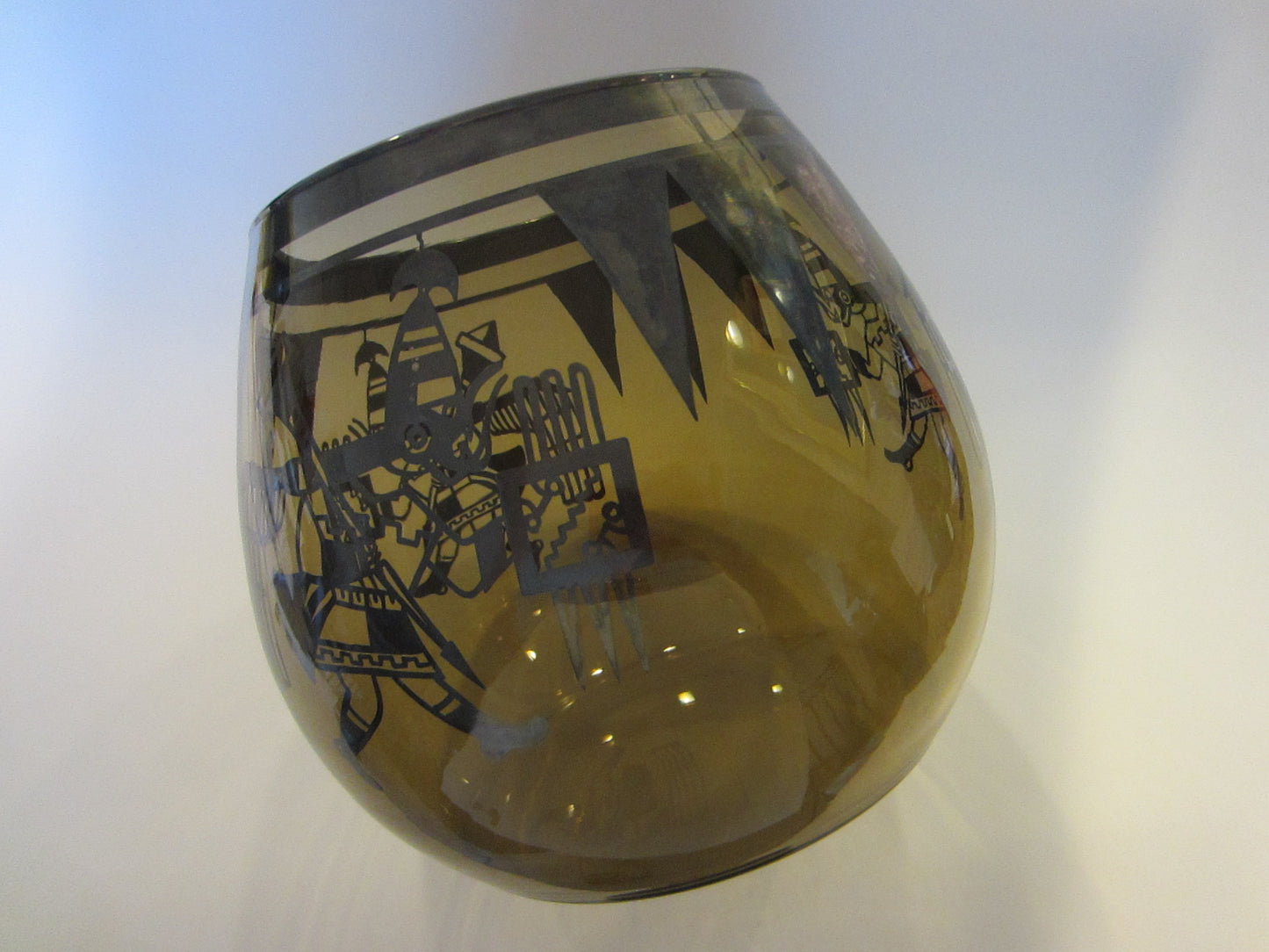 Southwestern Native Style Topaz Figurative Folk Art Glass Bowl