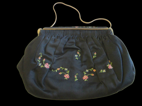 French Black Satin Evening Purse Floral Embroidery Golden Chain - Designer Unique Finds 