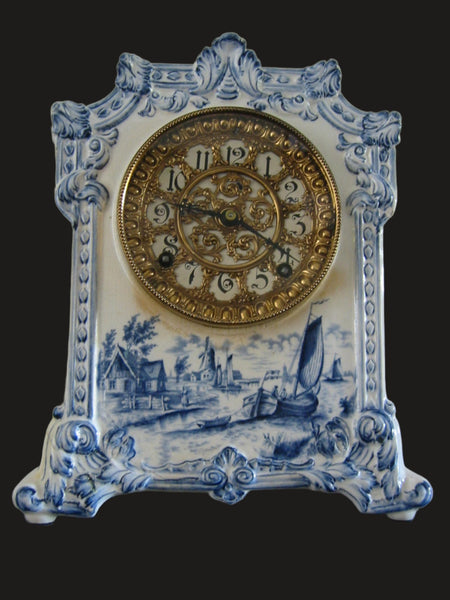 Royal Bonn Blue Dutch Windmill Key Winding Antique Ansonia Mantle Clock