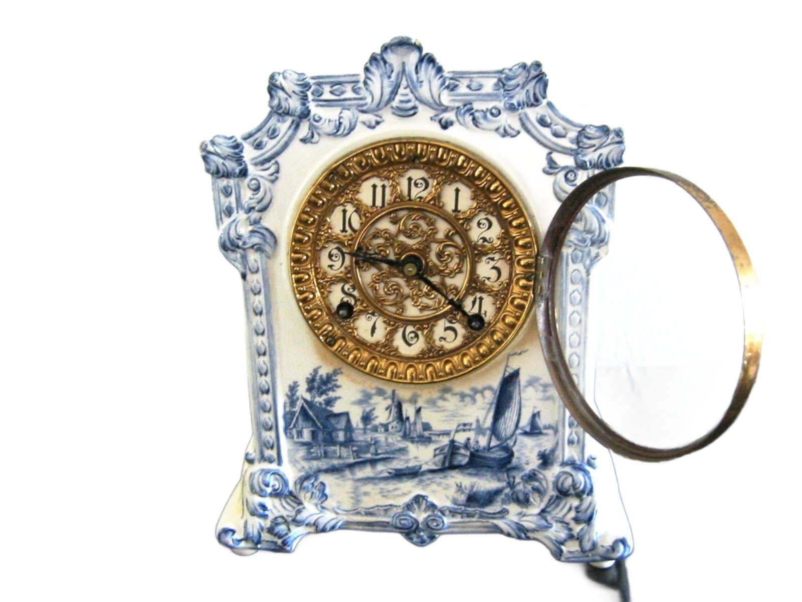 Royal Bonn Blue Dutch Windmill Key Winding Antique Ansonia Mantle