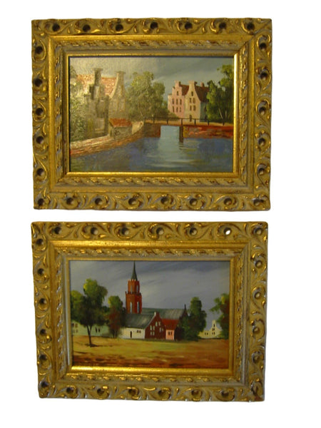 Architectural Cityscape Oil On Board Belgian Paintings Signed Koostra In Pair - Designer Unique Finds 