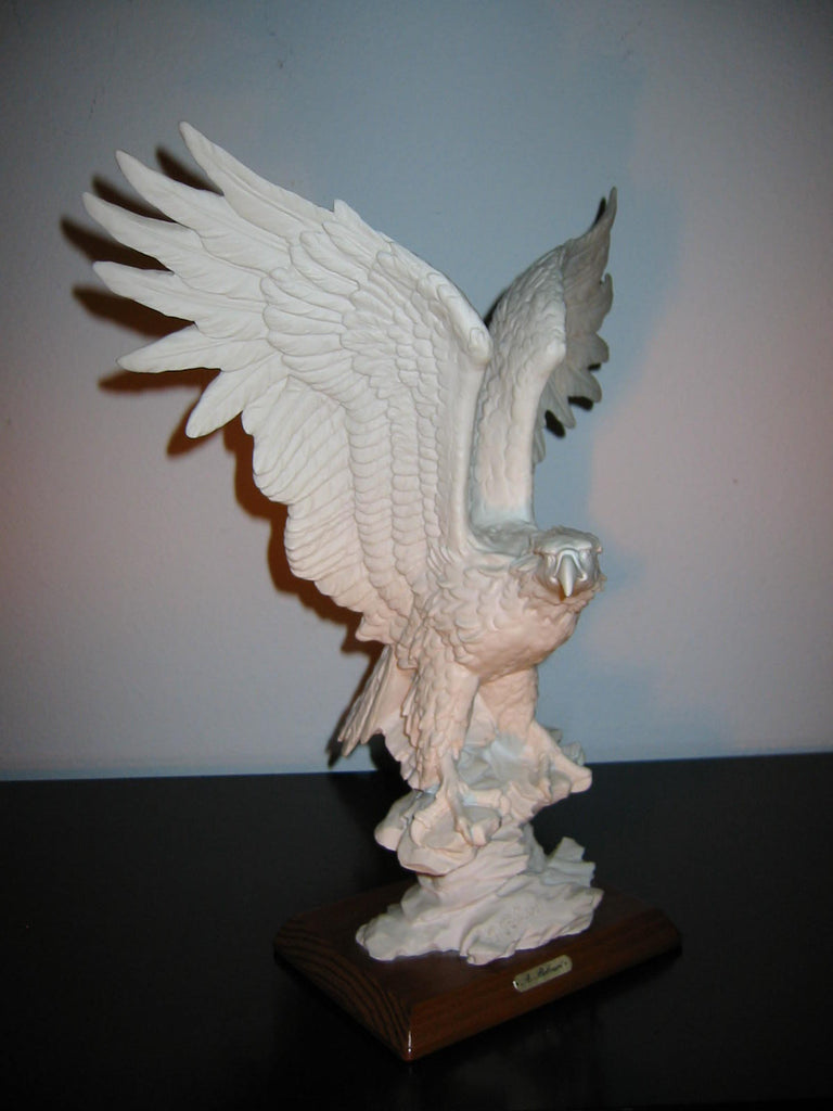 Italy A Belcari Bald Eagle Chalk Ware White Sculpture Mahogany Base - Designer Unique Finds 