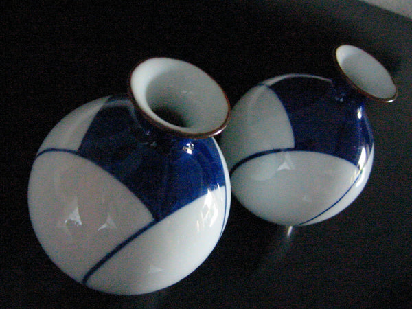 Porcelain Vases Art Deco Blue White Asian Geometric Design - Designer Unique Finds 