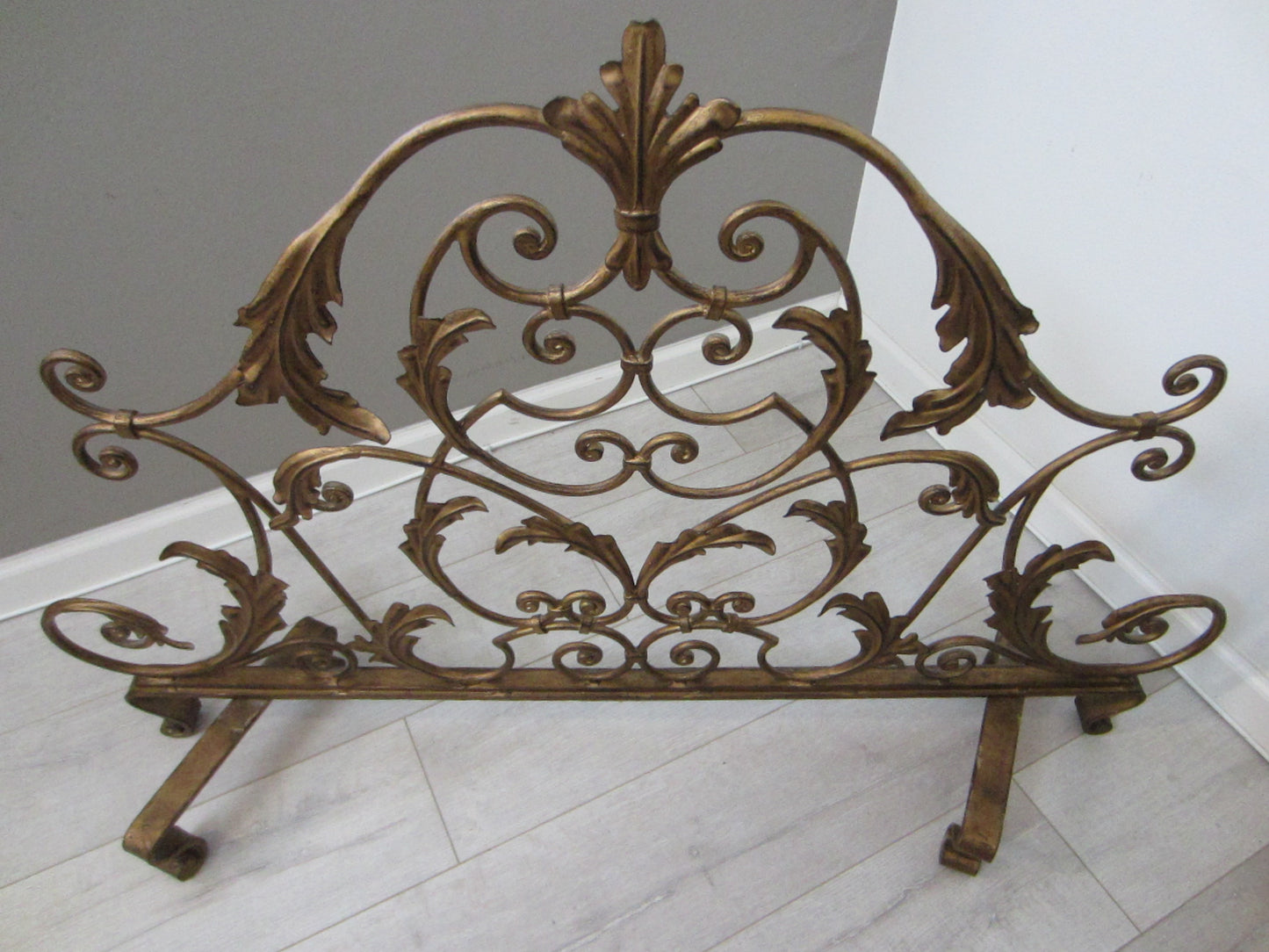 Acanthus Leaf Metal Tole Fireplace Golden Screen Scrolled Crest