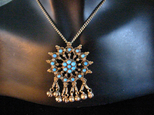 Mid Century Necklace Hand Wrought Blossom Turquoise Cluster - Designer Unique Finds 