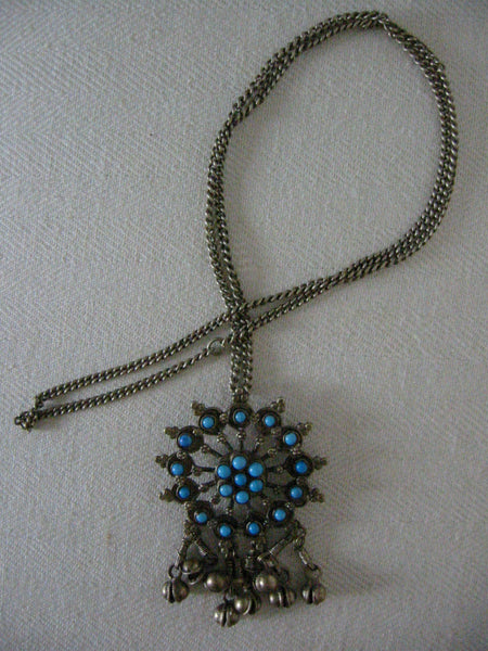 Mid Century Necklace Hand Wrought Blossom Turquoise Cluster - Designer Unique Finds 
