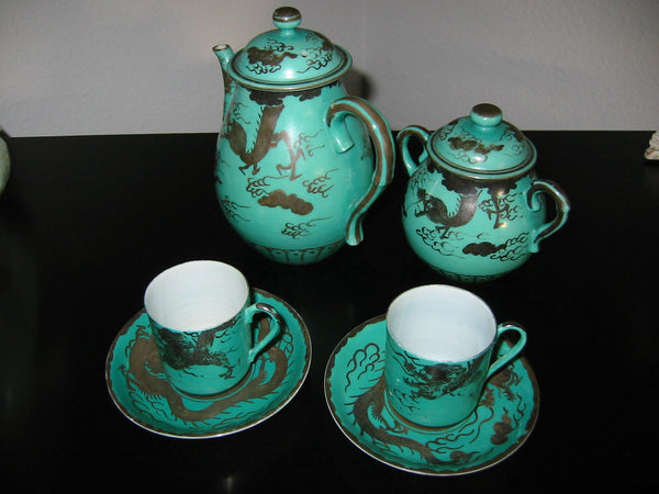 Brief Tea Set Turquoise Silver Dragon Attributed To Kanji Japan Porcelain - Designer Unique Finds 
 - 6