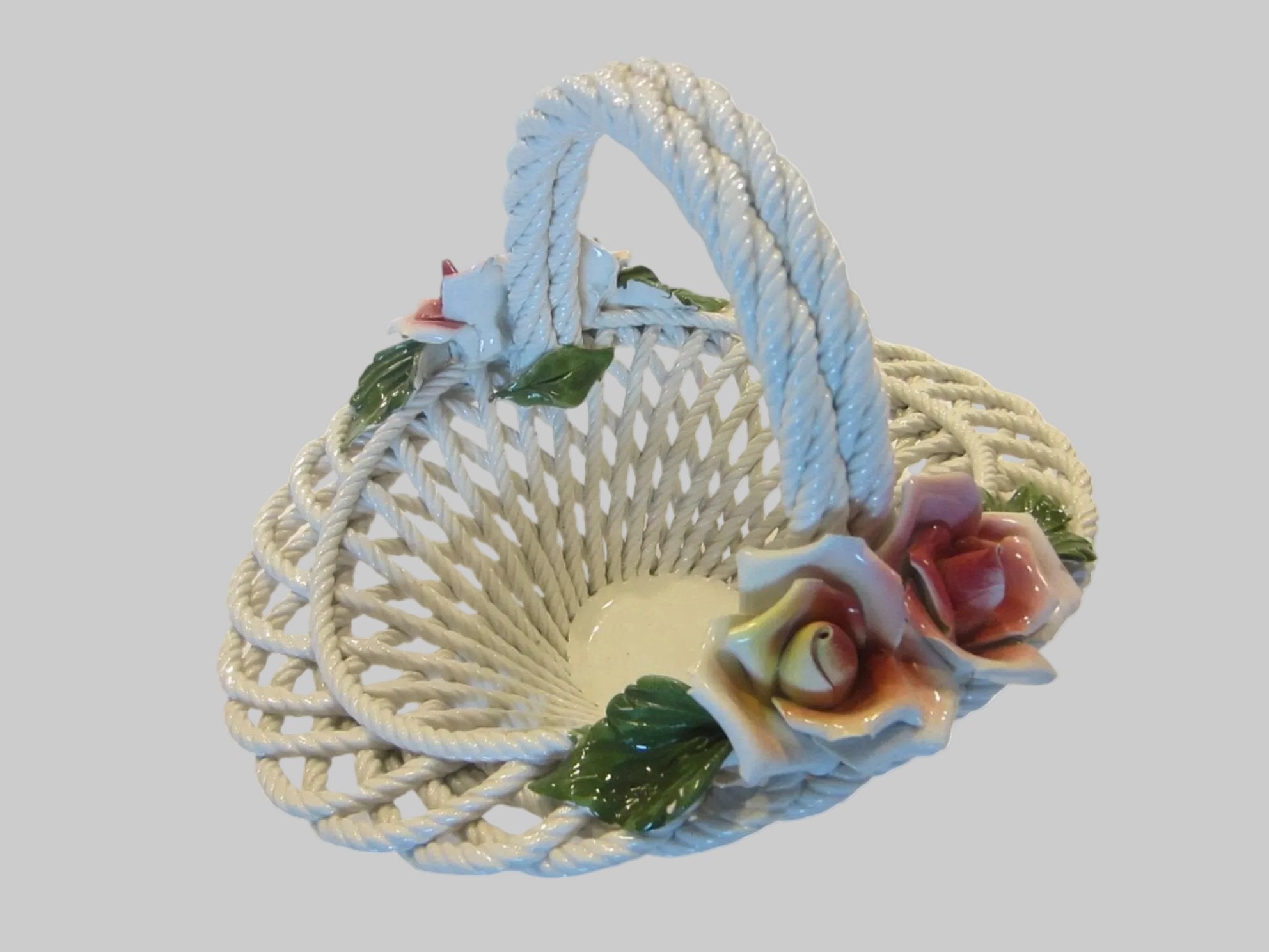 Italian White Porcelain Rose Basket Open Work Dramatic Weave