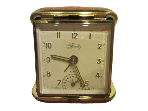 Bradley West Germany Tan Leather Traveling Hand Wind Clock Thermometer - Designer Unique Finds 