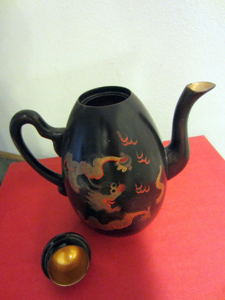 Lacquered Black Teapot Gold Dragon Signed Shin Shao Anseukee Foochow China - Designer Unique Finds 