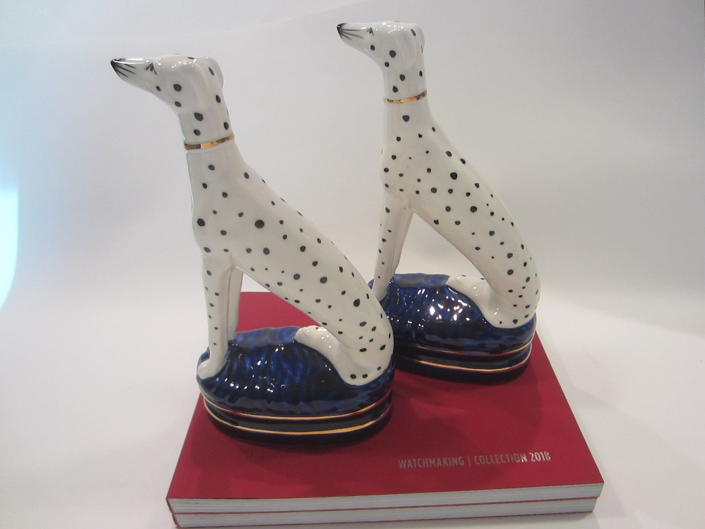 Fitz Floyd White Dalmatians Bookends Gilt Decorated Porcelain Dogs