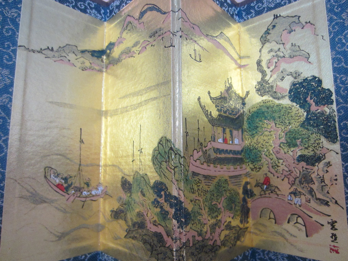 Japanese Byobu Four Panel Architectural Gold Paper Signed Table Screen