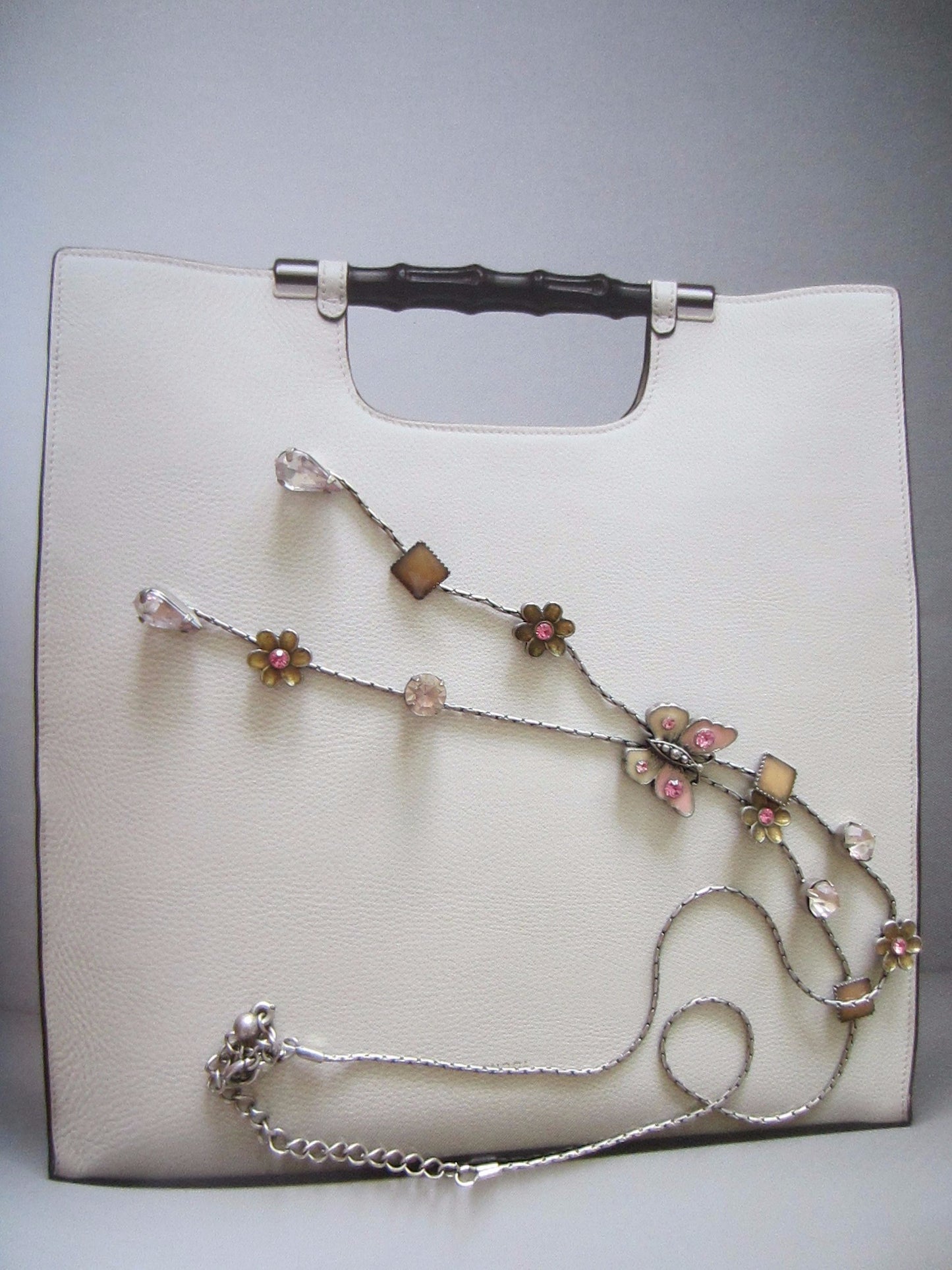 Butterfly Tear Drop Cabochon Floral Enameling Lariat Necklace