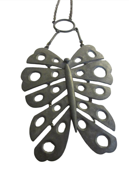 Necklace Pewter Butterfly Signed Art Primitive Geometric Design - Designer Unique Finds 
