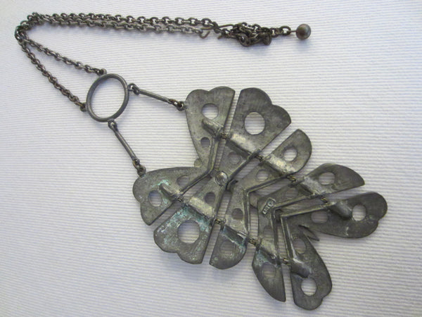 Butterfly Pewter Necklace Pewter Marked Art Primitive Geometric Design - Designer Unique Finds 
