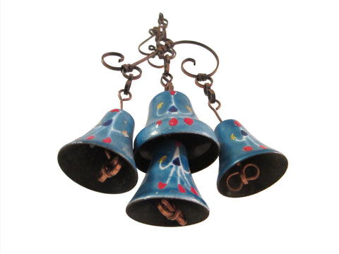 Blue Enamel Hanging Bells Copper Base Decorated Red Accent Glazed - Designer Unique Finds 