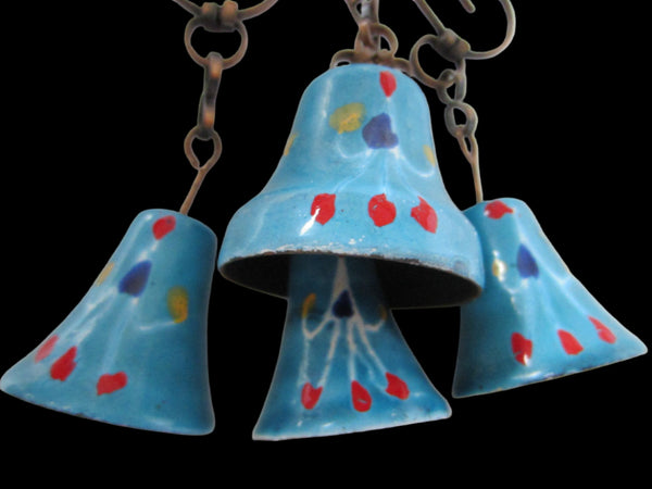 Blue Enamel Hanging Bells Copper Base Decorated Red Accent Glazed - Designer Unique Finds 