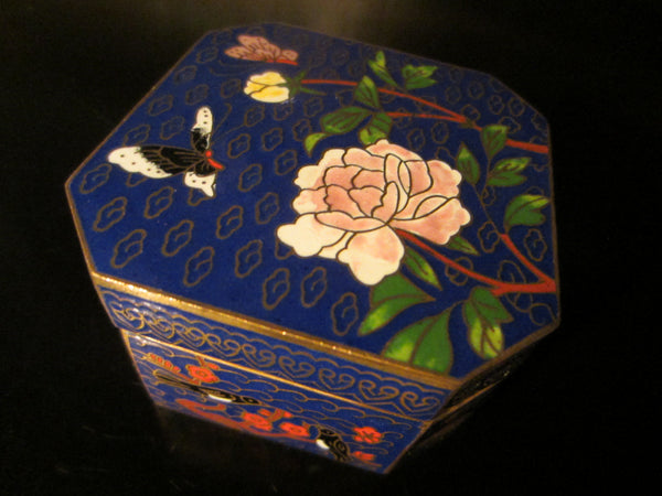 Asian Cloisonne Hexagon Miniature Floral Enameling Metal Trinket Box